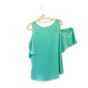 Charming Charlie Blouse Cold Shoulder Ruffled Short Sleeve Sz Medium Turquoise